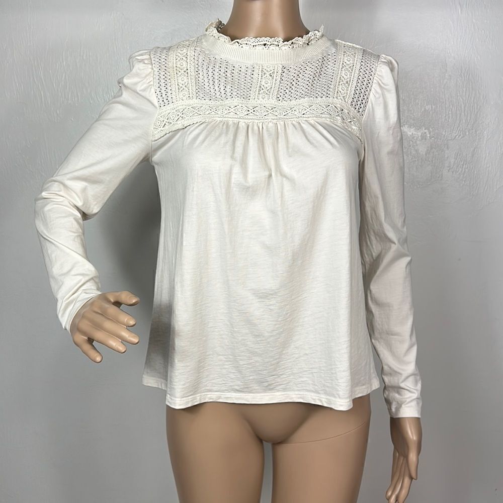 LOFT Cotton Blend Ivory Color Crochet Yoke Long Sleeve Top Size XS